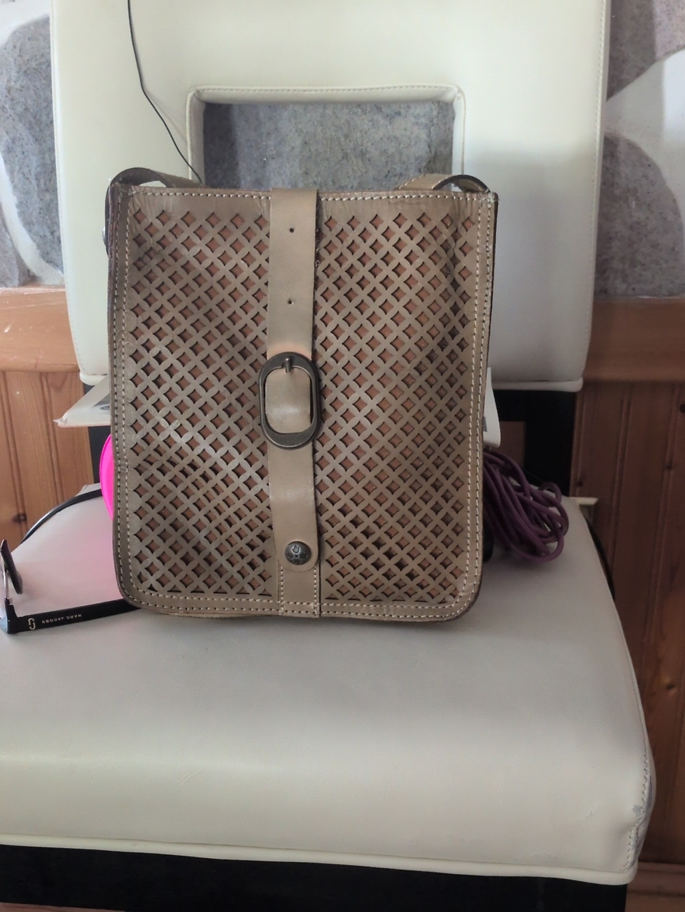 Patricia Nash Beige Laser-Cut Crossbody with Front Strap and Buckle